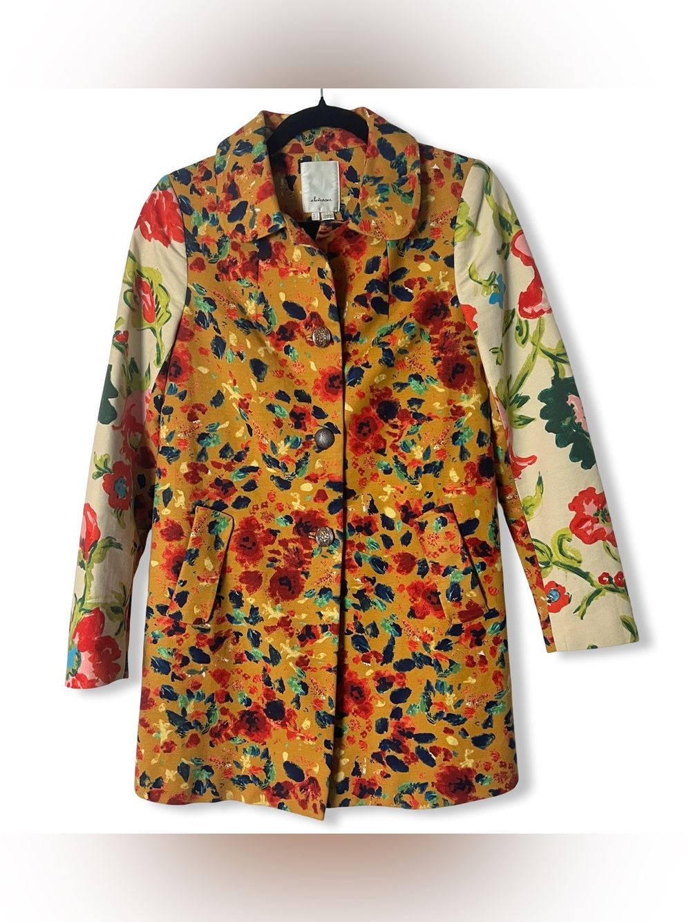 Elevenses Gold Floral Blazer Mismatched Buttons Cotton Blend Sz 0